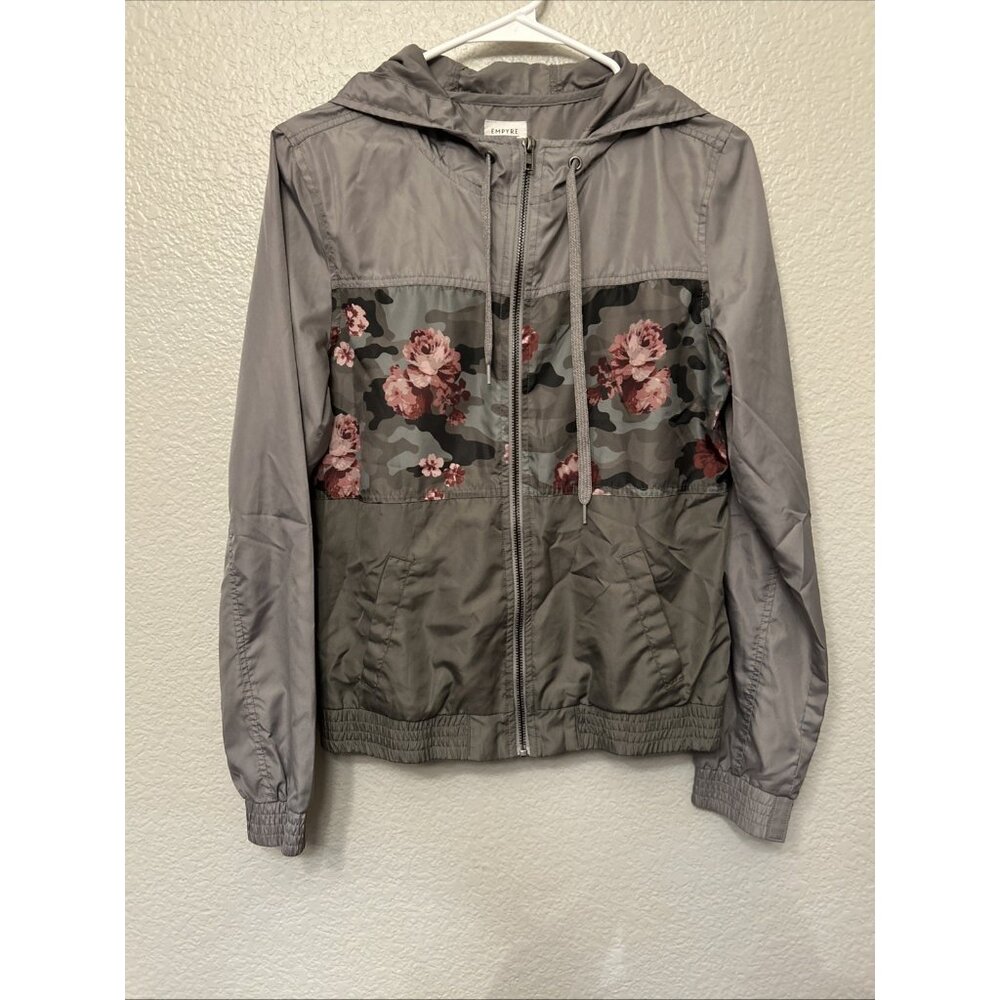Empyre Jacket Womens Medium Gray Camo Floral Hooded Windbreaker Full Zip Pockets